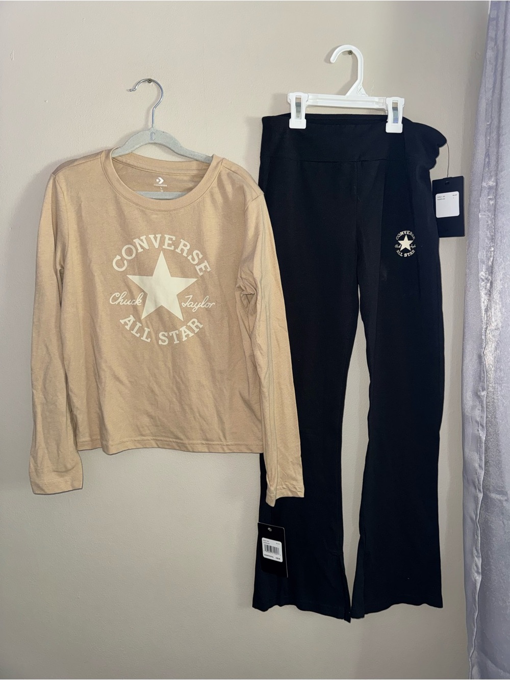 Converse Beige Logo Long Sleeve Top & Black Logo Boot-Cut Pants - Kids